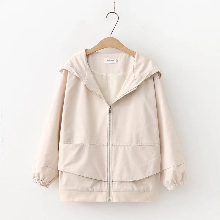 

2019 Spring And Autumn Hooded Cropped Jacket College Style Mixed Colors Loose-Fit Slimming Solid Color Trench Coat Jacket Women'