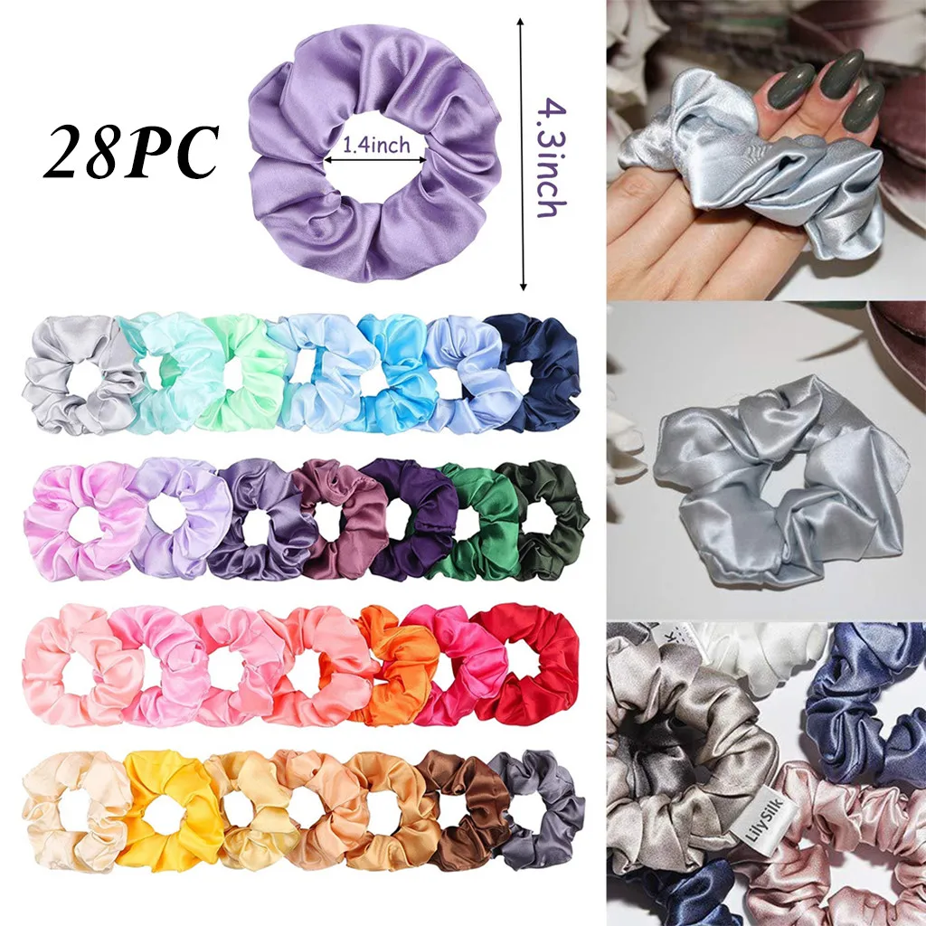 28PCS 28 шт., одноцветная шелковая атласная лента для волос Ligas Para Cabello Chouchou Cheveux Femme, инструменты для укладки волос, косички для волос - Цвет: 28PCS