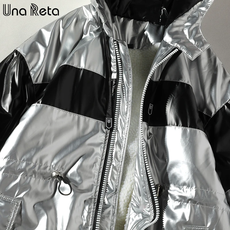Una Reta Winter Jacket Men New Casual Patchwork Glossy Leather Parka Coat Hip Hop Men Clothes Warm Lambswool Jackets For Men