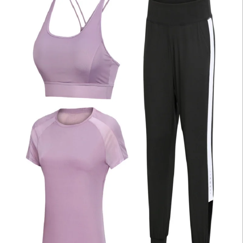 Purple-2-3pieces set Damdos женская спортивная одежда Йога набор фитнес одежда для спортзала и бега теннисная рубашка+ брюки для йоги, леггинсы для пробежки тренировки спортивный костюм - Цвет: Purple-2-3pieces set