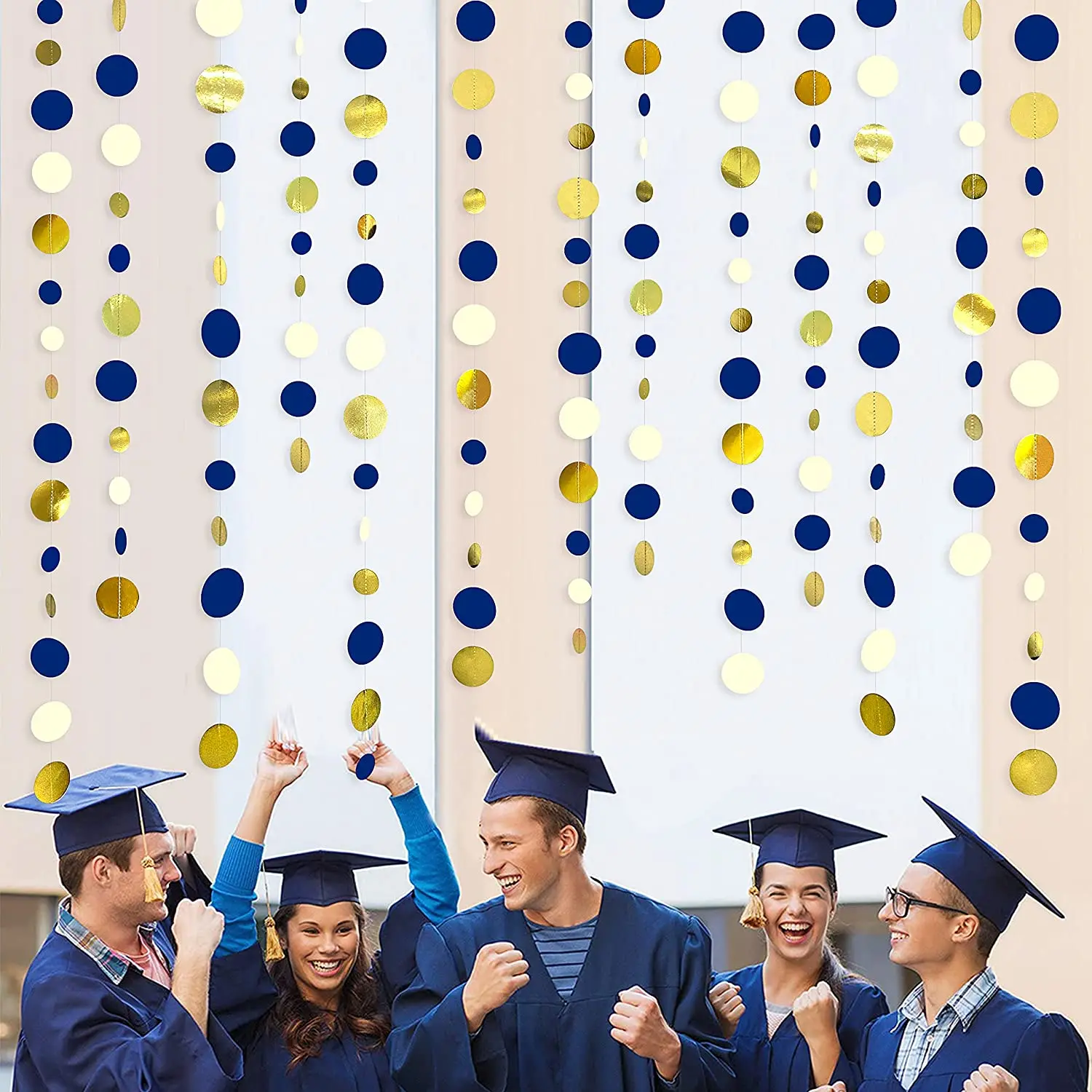 11 Ft Navy Blue Gold Beige Paper Circle Dots Garland Hanging Paper Polka Dot Streamer Royal Blue Birthday Baby Shower Decoration
