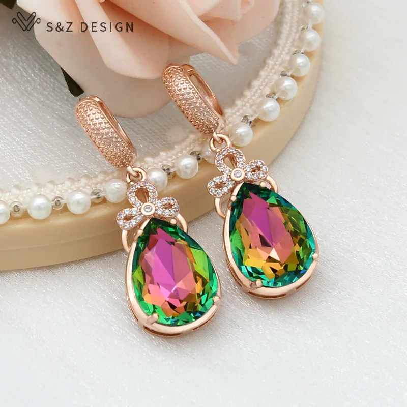 S&Z DESIGN New 2021 Fashion Luxury Cubic Zirconia Water Drop Colorful Crystal Dangle Earrings For Women Wedding Elegant Jewelry