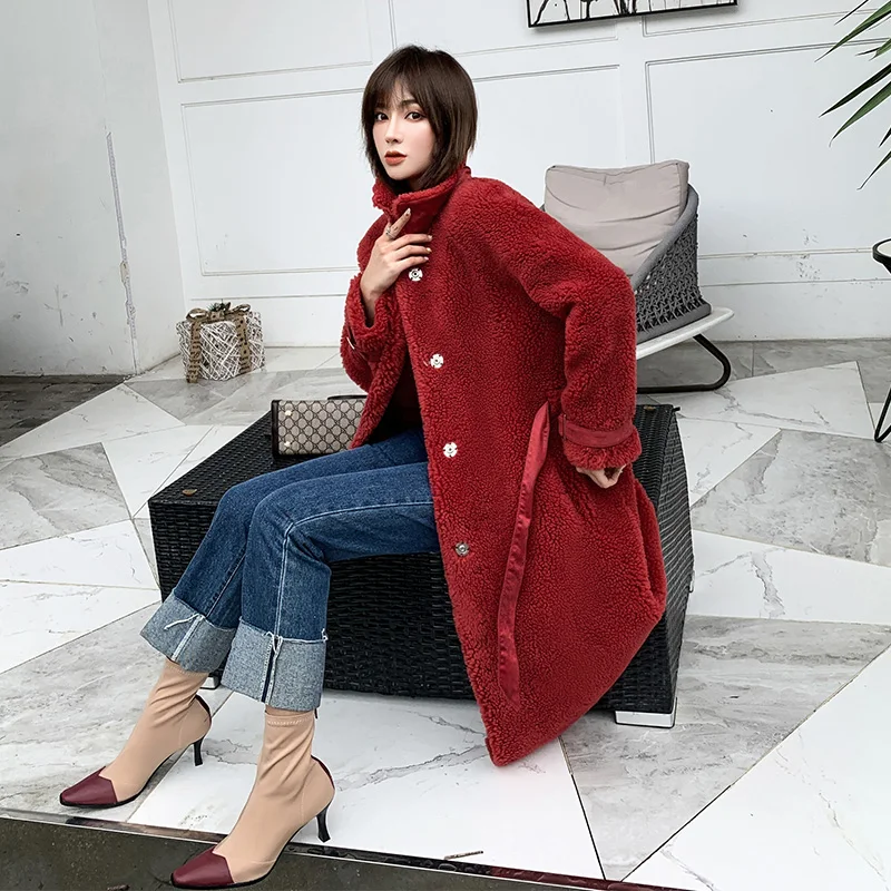 Женское осеннее пальто из натурального меха, зимнее пальто, женская одежда, Корейская винтажная шерстяная куртка из овчины, верхняя одежда, Manteau Femme ZT4342 - Цвет: XiYouHong