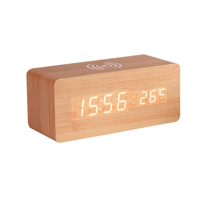 Moderner digitaler LED-Schreibtischwecker aus Holz, Thermometer, kabelloses Ladegerät mit Qi-Wireless-Ladepad, Wecker, LED_voghion.com