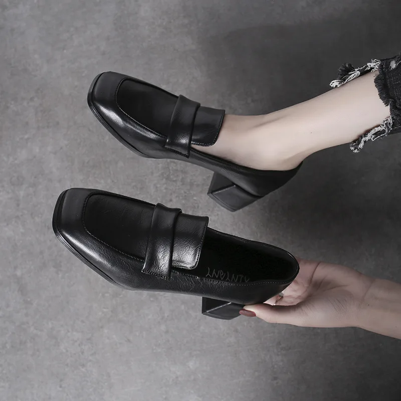 

Square Head Chunky-Heel Small Leather Shoes Women's 2019 Spring And Autumn New Style Versatile British Style Women's Network Red