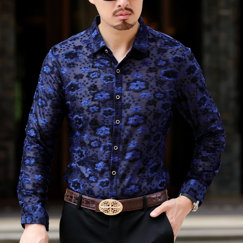 Гавайская рубашка, мужские вечерние рубашки на пуговицах, Chemise Homme, осенние мужские синие рубашки с цветочным принтом, деловые офисные