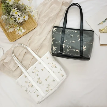 

Fashion Women Shoulder Bags Flower Embroidery PU Lady Travel Shopping Handbags Popular Simple Female Daily Bag