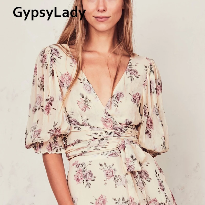GypsyLady домино Топ рубашка цветочный шифон обернуть женские блузки, рубашки завязывать v-образным вырезом богемный с длинными рукавами осенние сексуальные рубашки укороченный топ