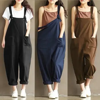 

Hot Plus Size Solid Color Women Loose Knot Tie Cotton Linen Jumpsuit Harem Overalls