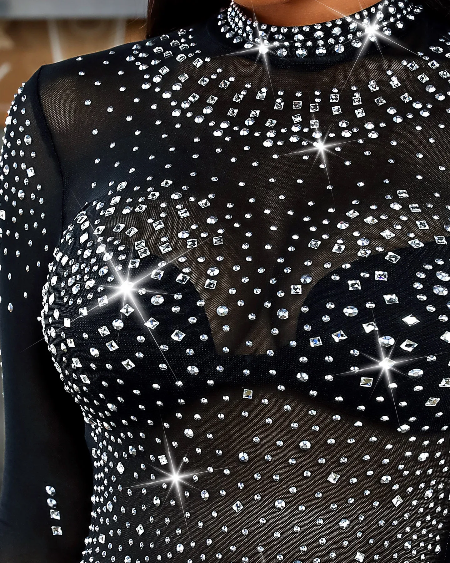 Women Sexy Mesh Transparent Glitter Rhinestone Long Sleeve Bodysuits corset bodysuit