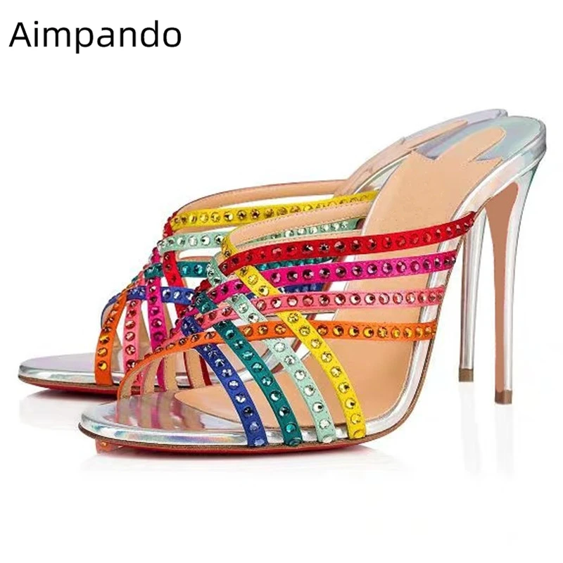 

Cross Narrow Band Thin High Heels Women Colorful Rhinestone Rivet High Heel Shoes Woman Open Toe 2020 New Summer Slippers Women