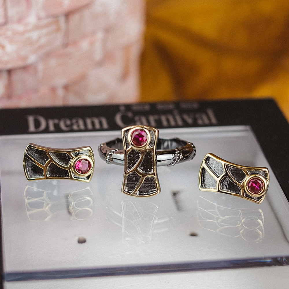 WE3959S2 DreamCarnival 1989 New Geometric Fish Scale Earrings and Rings Set For Women Red Zircon Hot Pick Sunday Party Jewelry  (3)