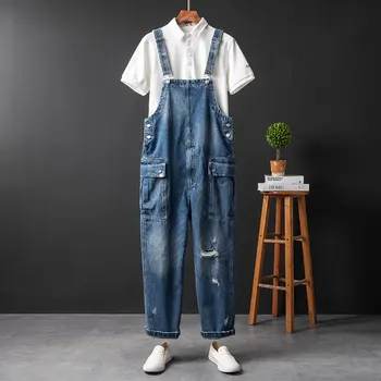 

The same paragraph denim overalls men straight straight hole tooling overalls male harem trousers