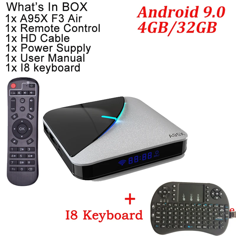 4G 32G With I8 A95X F3 Air RGB светильник Smart tv Box Android 9,0 Amlogic S905X3 4 Гб 64 Гб Wifi 4K 60 кадров в секунду медиаплеер 2 Гб 16 Гб телеприставка - Цвет: 4G 32G With I8