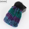 Women Striped Knitted Real Fur Hat Natural Warm Rex Rabbit Fur Hats Top Fox Fur Pompom Caps Lady Quality Real Rex Rabbit Fur Cap 1