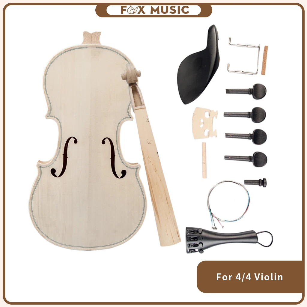 DIY Violin 4/4 Full Size Solid Acoustic Violin Fiddle Kit Spruce Top Back Neck Fingerboard Natural