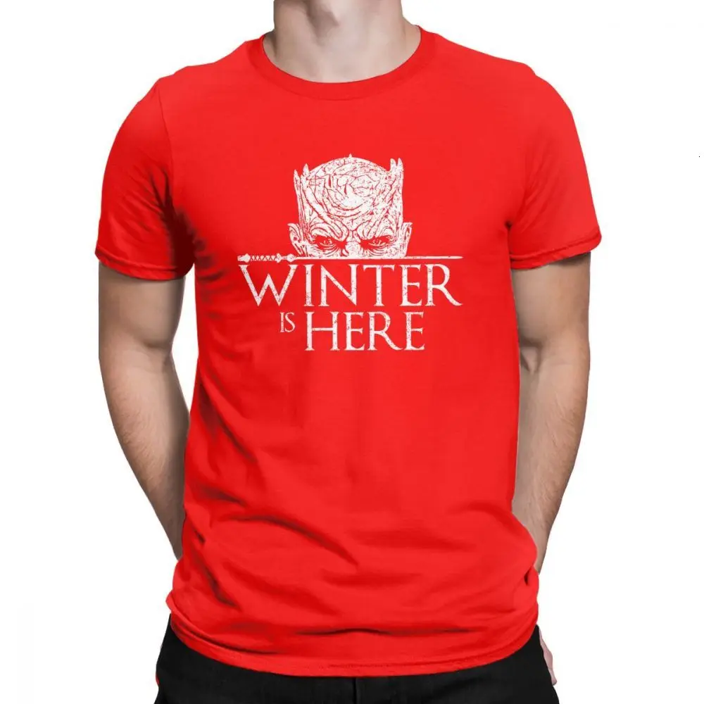 red Футболка Midnite Star Game of Thrones Night King, мужские хлопковые креативные футболки с круглым вырезом, зимняя белая футболка с надписью «is Here» - Цвет: red