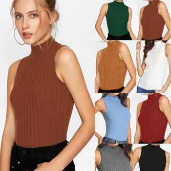 

Women Ladies Summer Autumn Casual Sleeveless Vest Tops Solid Knitted Tutle Neck Slim Tanks Female Clothes