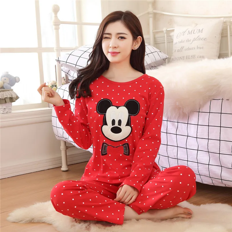 Spring And Fall 2019 New Ladies Comfortable Pajamas Sweet Lovely long-sleeved Cartoon Knitted Cotton Set | Женская одежда