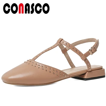 

CONASCO Women Sandals Genuine Leather Summer 2020 New Low Heels Fashion Elegant Retro T-Strap Rivets Wedding Casual Shoes Woman