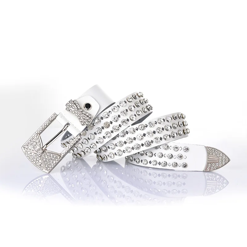 Ремень из спилковой кожи Женский модный пояс со стразами чёрный/Белый для