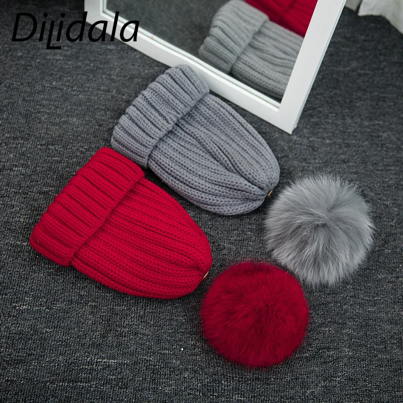 Dilidala, женская вязаная шапка, Лисий мех, зимняя теплая шапка, корейский стиль, дикая, шерсть, шапка для детей, зимние шапки для женщин, элегантная
