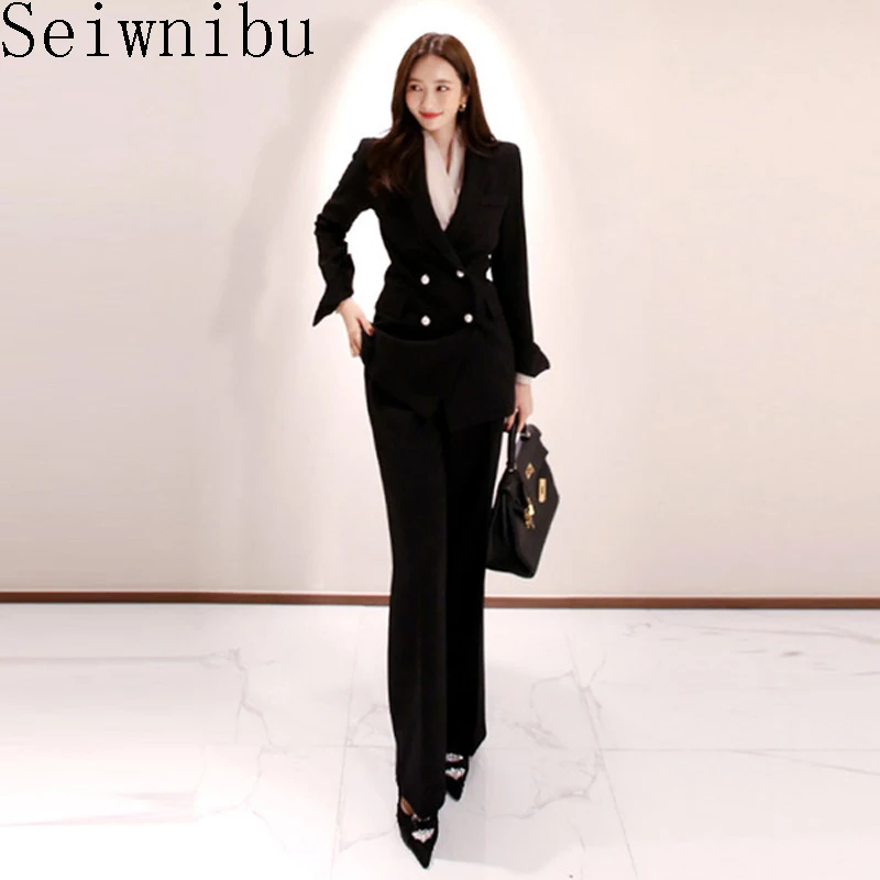 Женский офисный костюм из двух предметов двубортный длинный брючный в Корейском