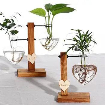 

Love Bottle Hydroponic Glass Plant Vase Wooden Vintage Flower Pot Transparent Glass Tabletop Plants Container Bonsai Decor