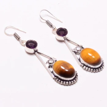 

Genuine Tiger Eye + Amethyst Silver Overlay on Copper Earrings , Hand made Women Jewelry Gift, E5132