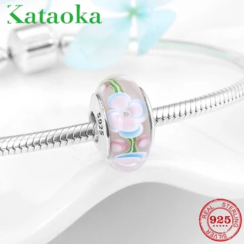 

Fashion Pink flowers 925 Sterling Silver Murano Glass Women accessories beads Fit Original Pandora Charms Bracelet Jewelry