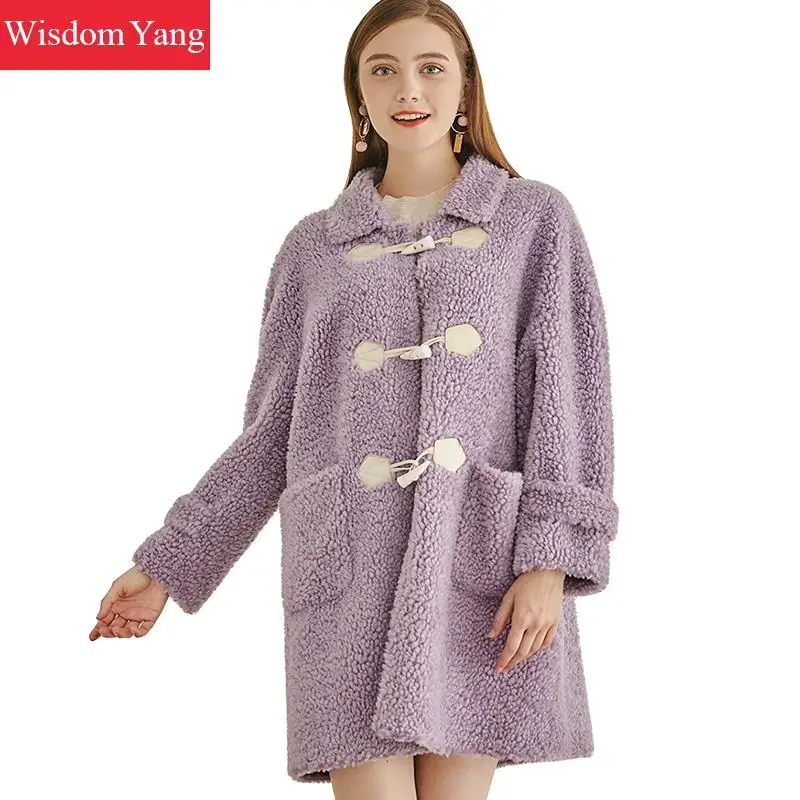 

Winter Coat Women Woollen Cashmere Sheep Shearing Wool Purple Korean Loose Warm Coats Horn Button Long Casual Overcoat Outerwear