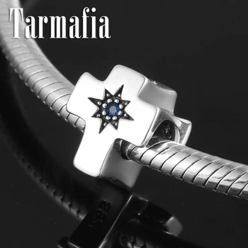 

100% Real 925 Sterling Silver cross Bead with Blue Star zircon Charms Fit Original Women Bracelet making Fine DIY Jewelry