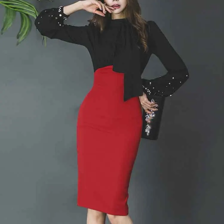 

Fashion Nice Autumn Elegant Beading Patchwork Pencil Dress Long Sleeve Slim Office Lady Dress Work Formal Bodycon Dress