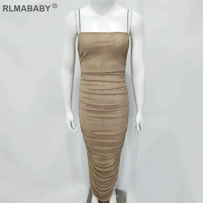Apricot RLMABABY прозрачное Сетчатое длинное платье-макси на бретельках с открытыми плечами, с разрезом, облегающее плиссированное платье, женское сексуальное для вечеринок платье - Цвет: Apricot