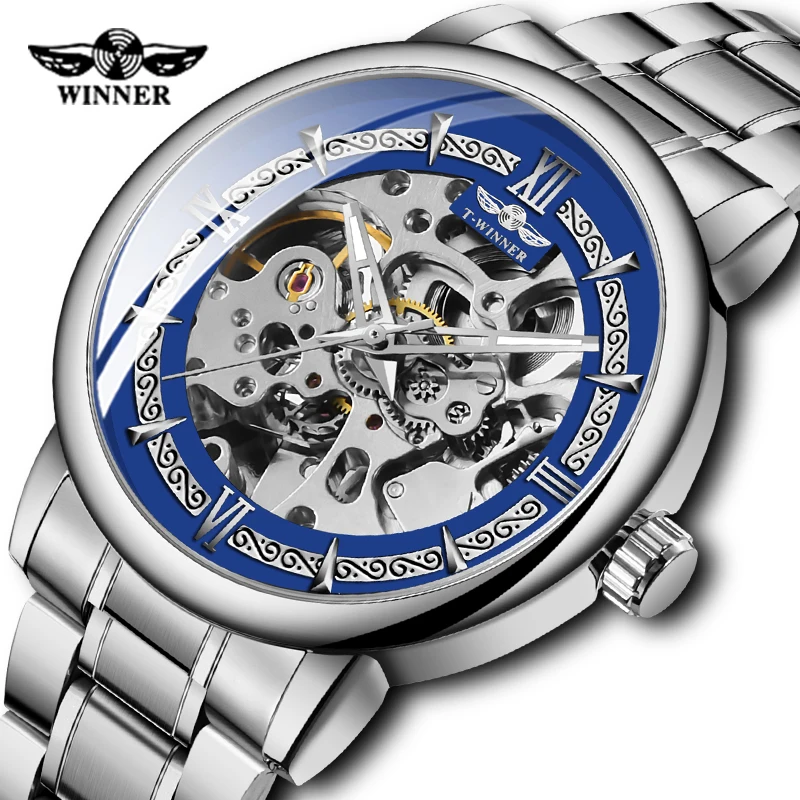 

High Quality WINNER Men Automatic Mechanical Watch Silver Stainless Steel Band Luminous Hands Wrist Watches Masculino Relogio