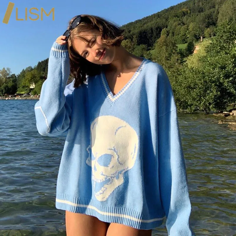 LISM dibujo de calaveras de gran tamaño las mujeres suéter Casual primavera otoño acrílico largo jerseys manga cuello en V Mujer de punto suéteres