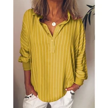 

Fashion summer Woman blouses stripe Loose Casual Striped Button Lapel girl Long Sleeve Shirt Top Blouse button female clothing