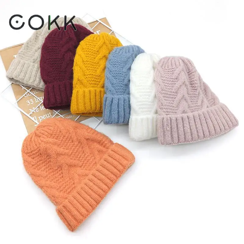 

COKK Wool Hat Skullie Beanie Winter Hat For Women Girl 's Hat Female Cap Thickened Warm Bonnet Ear Protect Knitted Stretch Hats