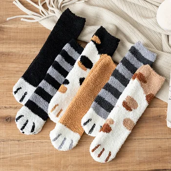 

Fashion Plush Coral Fleece Women Socks Korean Female Tube Socks Kawaii Autumn Winter Cat Claws Cute Thick Warm Floor Sleep Socks