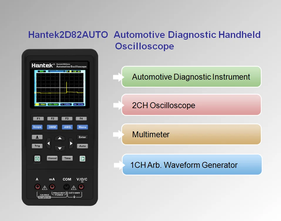 

Hantek Digital Osiclloscope 2D82auto 4 in 1 2D82 2 Channels Oscilloscope + Multimeter +Automotive Diagnosis+Waveform Generator