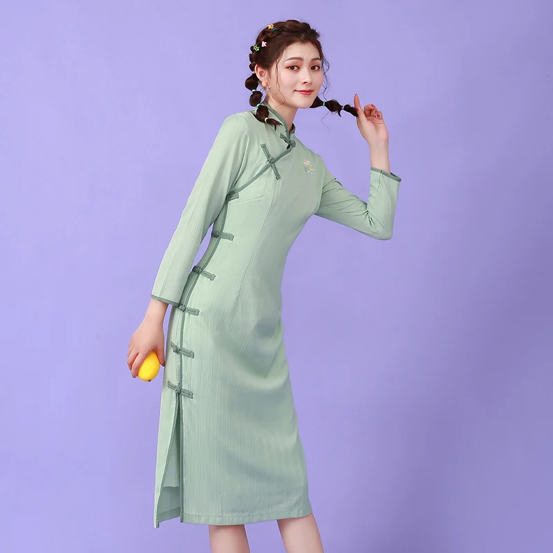 Ретро Китайский стиль женское улучшенное qipao Мандарин воротник вечернее платье с длинным рукавом Восточное классическое Ципао для женщин aodai