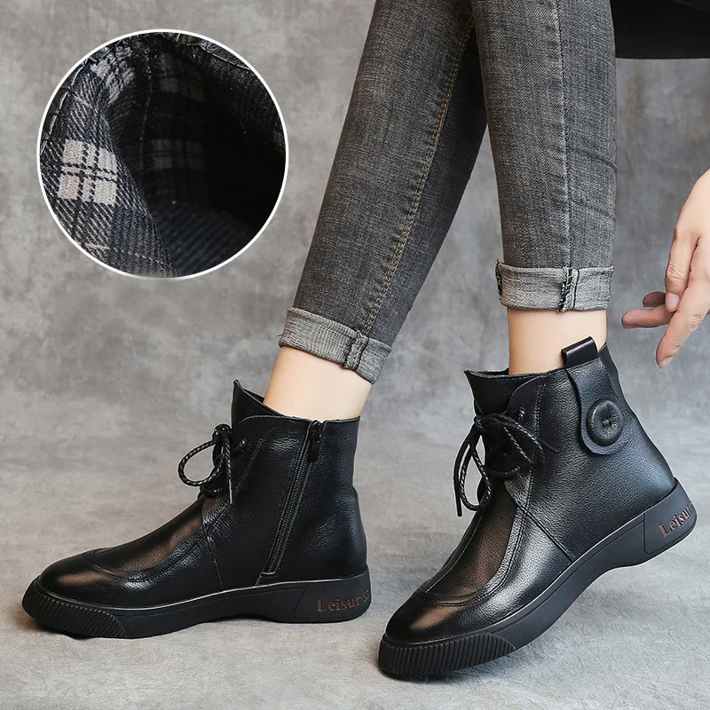 OUKAHUI зимние черные ботинки «Челси» в британском стиле; женские весенние модные полусапожки из натуральной кожи на низком каблуке со шнуровкой; женская обувь