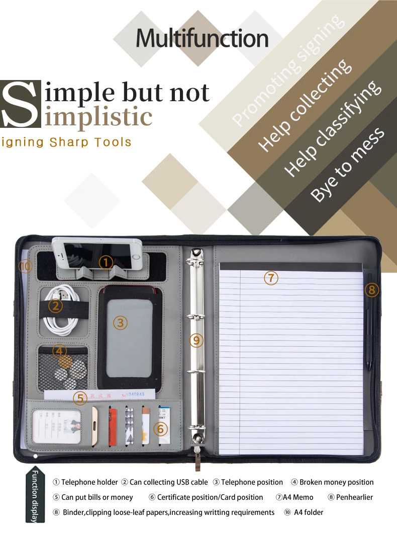 Document Bag Leather Folder Office Padfolio A4 Document Folder Organizer PU Leather Zipper Ring Binder Padfolio Conference Business Portfolio with Handle