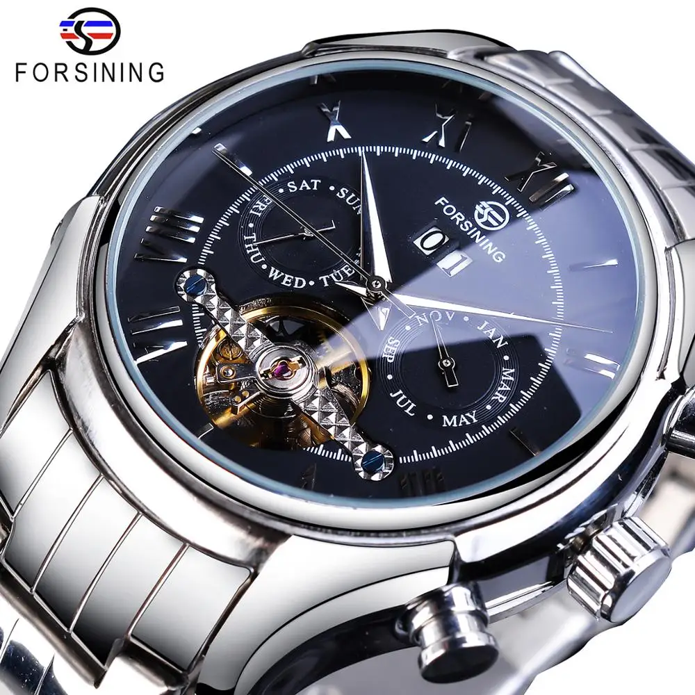Forsining Бизнес Мужские автоматические механические часы Tourbillon Календарь Неделя дисплей серебро Нержавеющая сталь Erkek коль Saati часы