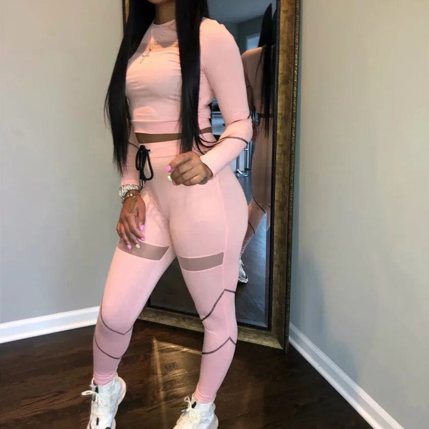 2020 Autumn Winter Women Set O-Neck Full Sleeve Crop Top Long Pants Suits Mesh Two Piece Sporty Outfits Tracksuits |