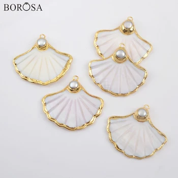 

BOROSA Natural Pearl Shell Jewelry, 5Pcs Fan Gild Natural White Shell & 8mm Freshwater Pearl Bead Pendant for Drop Earring G1897