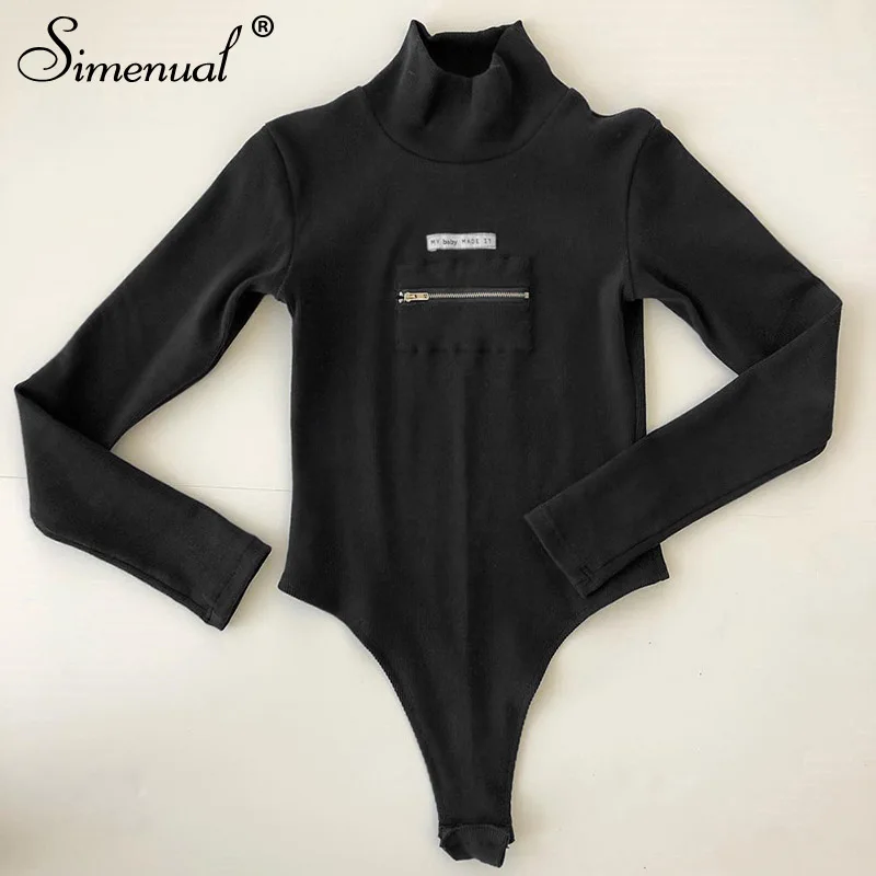 black Simenual, модные, с буквенным принтом, спортивные женские боди, с длинным рукавом, на молнии, бодикон, комбинезоны,, Осенние, повседневные, для фитнеса, боди, хит - Цвет: black