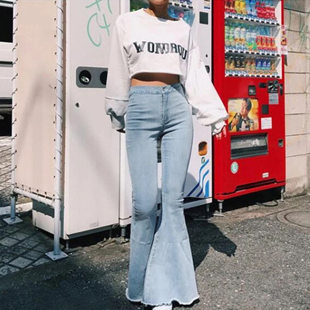 WENYUJH 2019 модные повседневные женские винтажные джинсы расклешённые джинсовые брюки женские повседневные брюки с высокой талией широкие