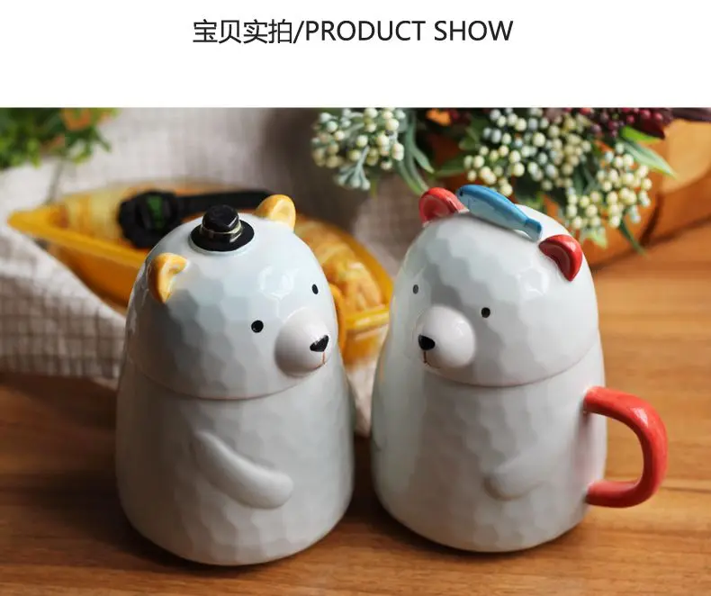 cute bear ceramic cup with cover cartoon big belly office coffee mug gift