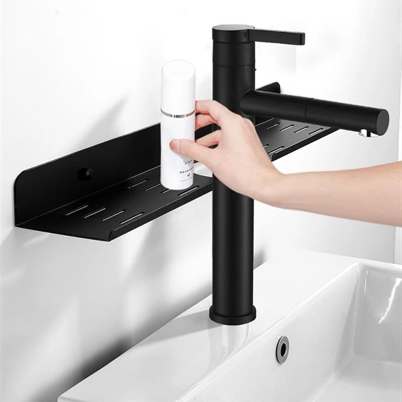 Description Picture 4 of itemBlack Silver Mirror Front Shelf Aluminum Wall Hanging Shampoo Tray Bathroom Kitchen Faucet Wash Counter Drain Rack Storage Rack